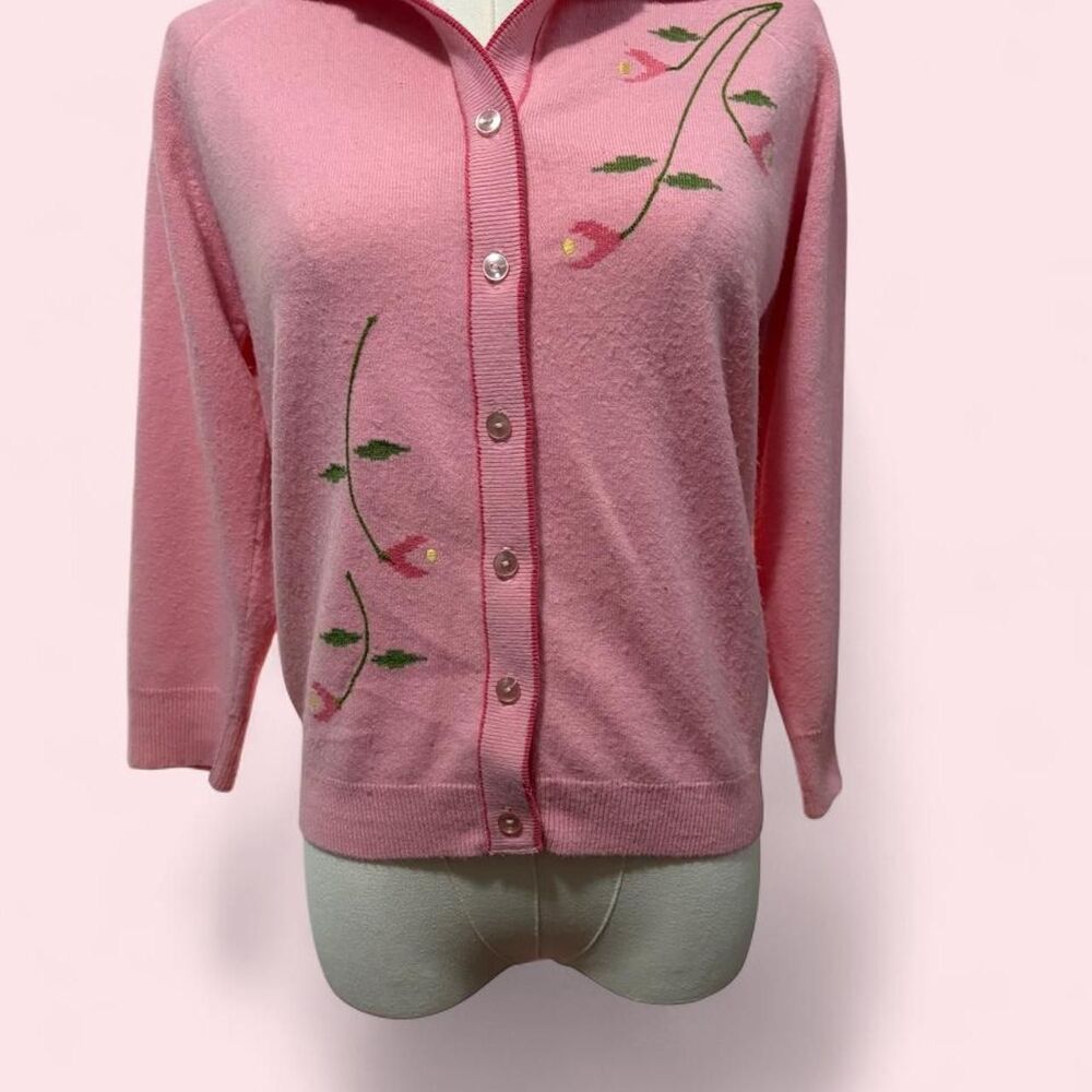 Vintage 1960s Talbott Taralan Pink Floral Cardigan Sweater